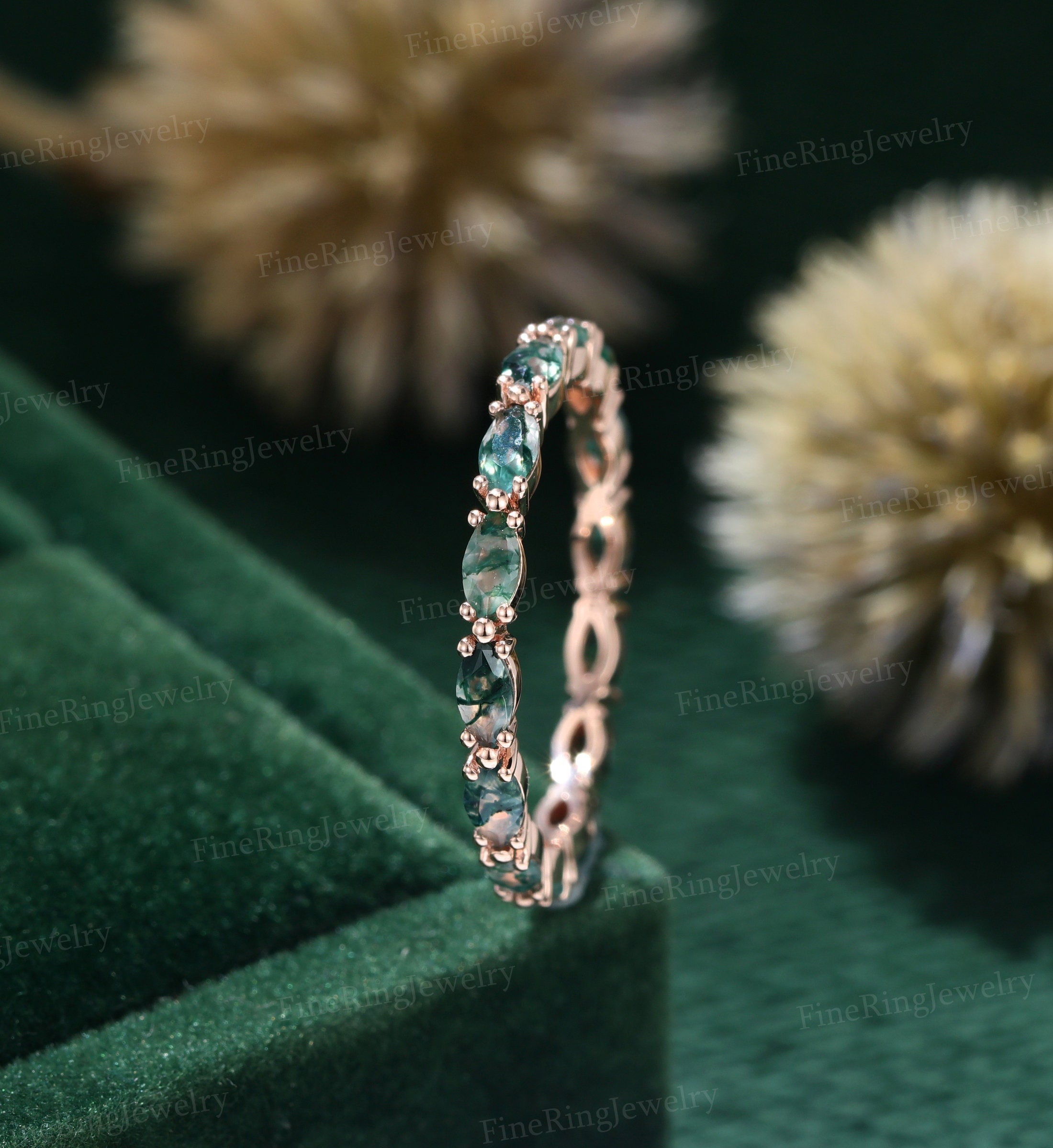 Marquise moss agate wedding band 14K Rose gold wedding band women eternity diamond Matching Unique Bridal Stacking Promise gift for women