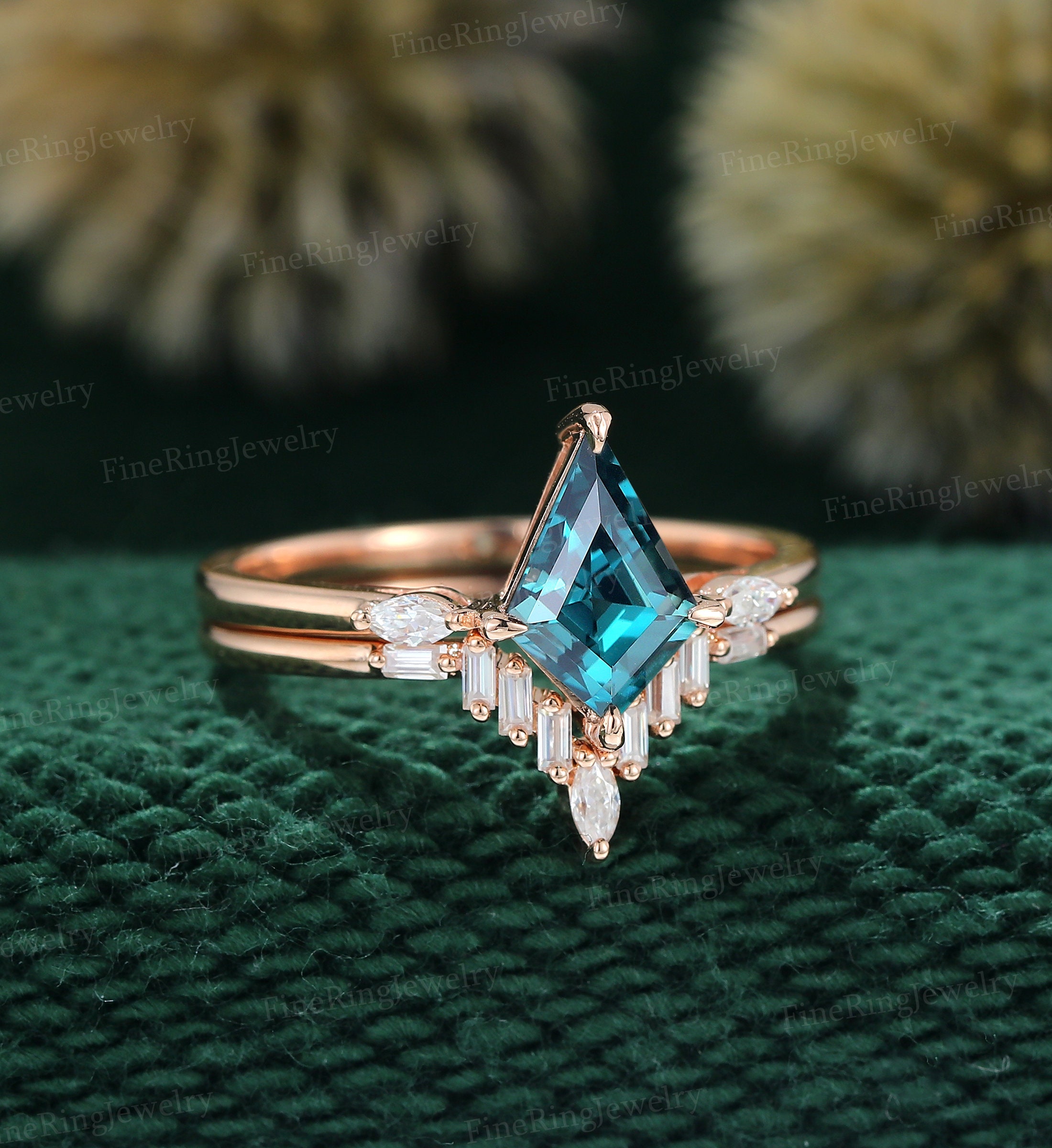 Kite Cut Rings Unique Blue Green Sapphire Engagement Ring Set - Etsy
