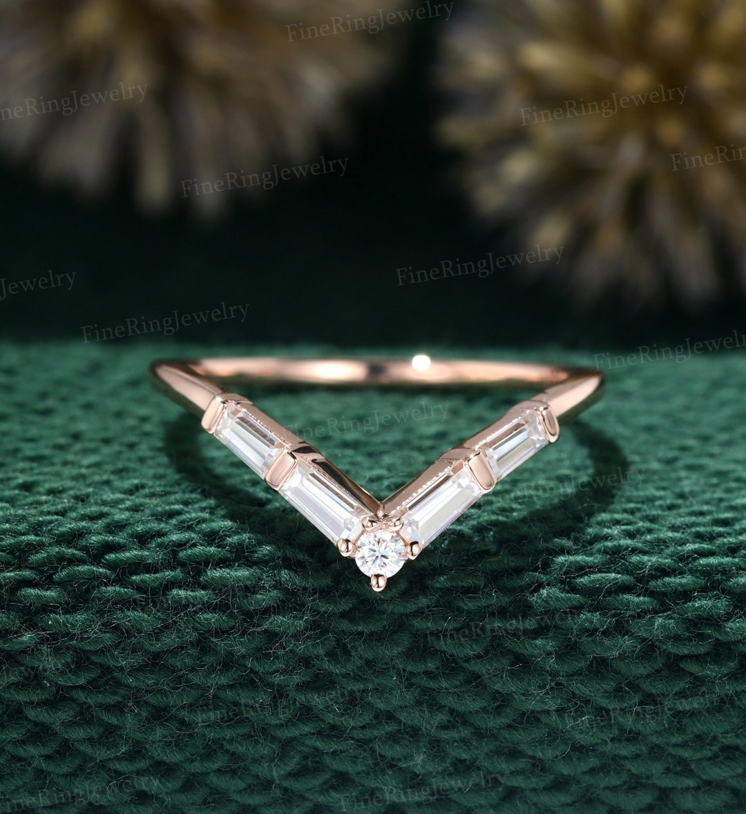 Curved Wedding Band Women Vintage Baguette 14K Rose Gold Moissanite ...