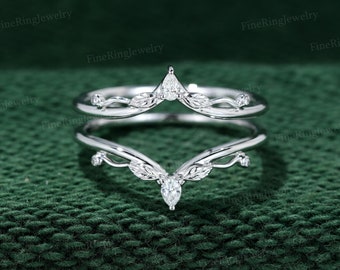 Vintage Moissanite wedding band Unique 14/18K White gold Diamond enhancer ring Marquise curved double wedding ring promise anniversary gift