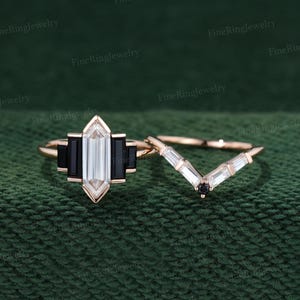 Rose gold ring Hexagon Moissanite engagement ring set Cluster baguette ring Onyx side stone engagement ring Bezel Set promise Anniversary