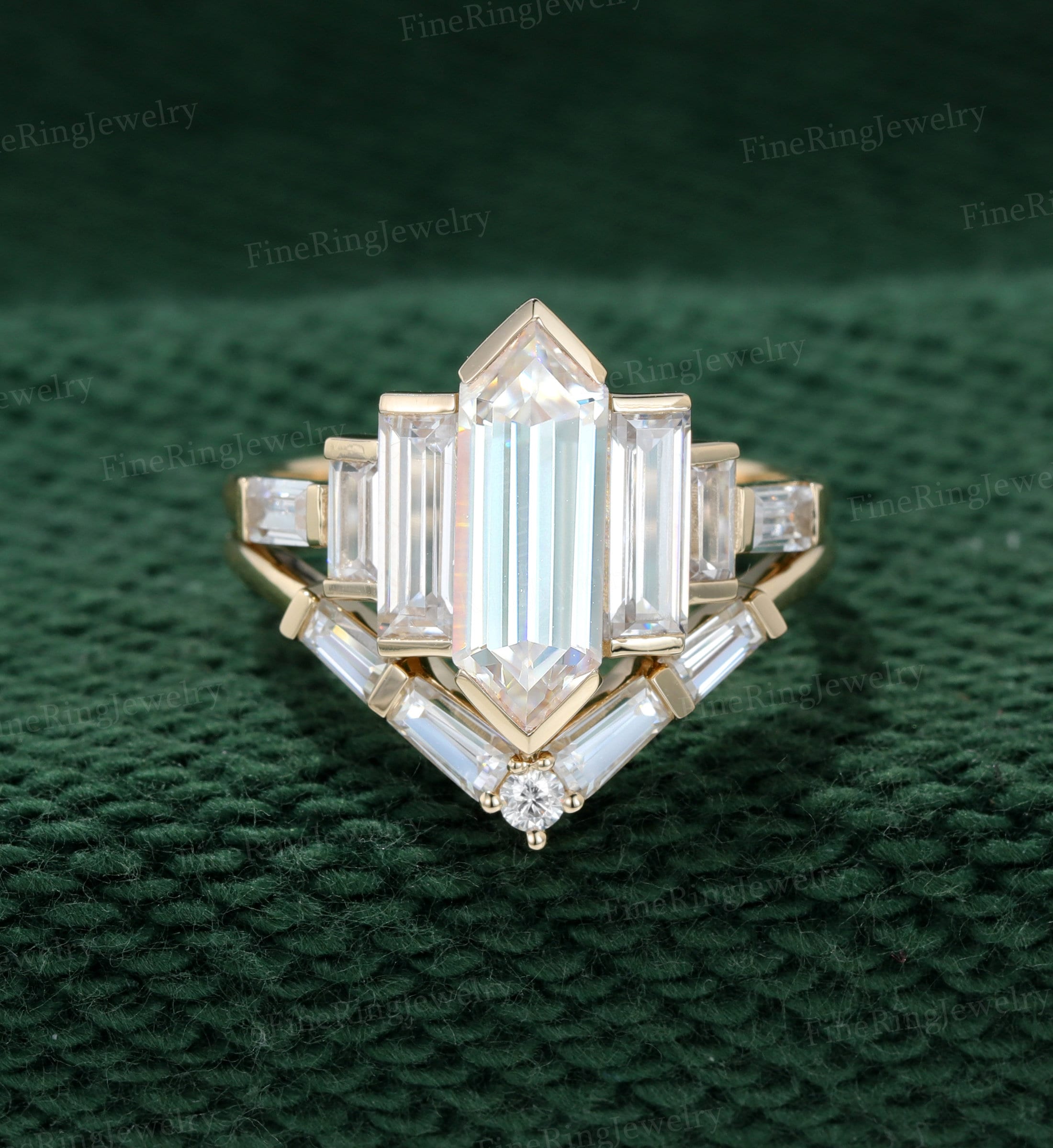 Hexagon Moissanit Verlobungsring Set Gelbgold Baguette Verlobungsring Cluster Baguette Ring Vintage Braut Verlobung Jahrestag Geschenk