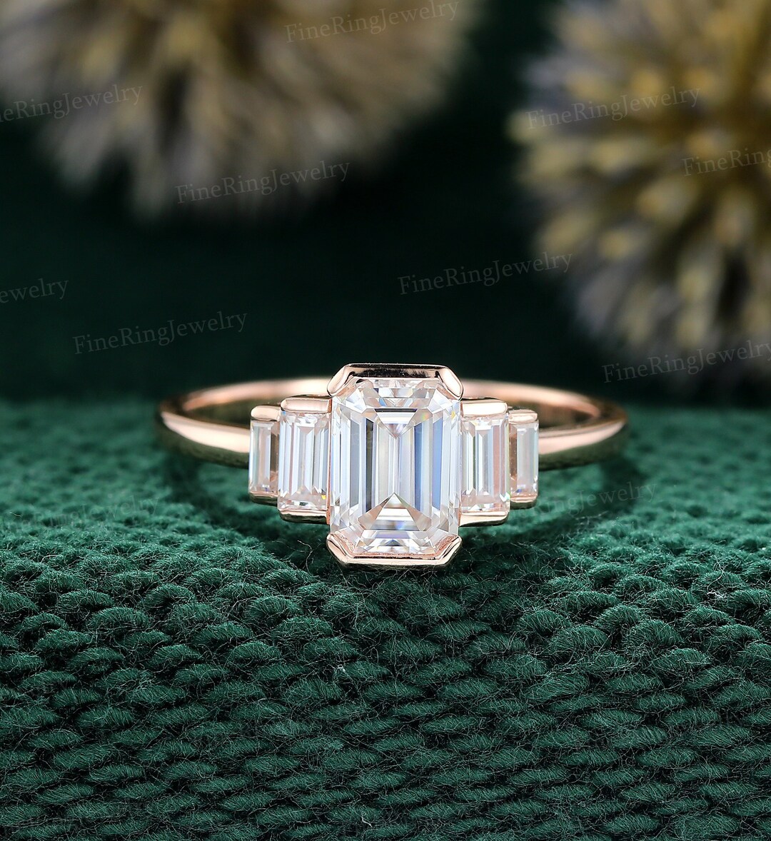 Unique Emerald Cut Moissanite Engagement Ring Cluster Baguette Engagement Ring Rose Gold Ring