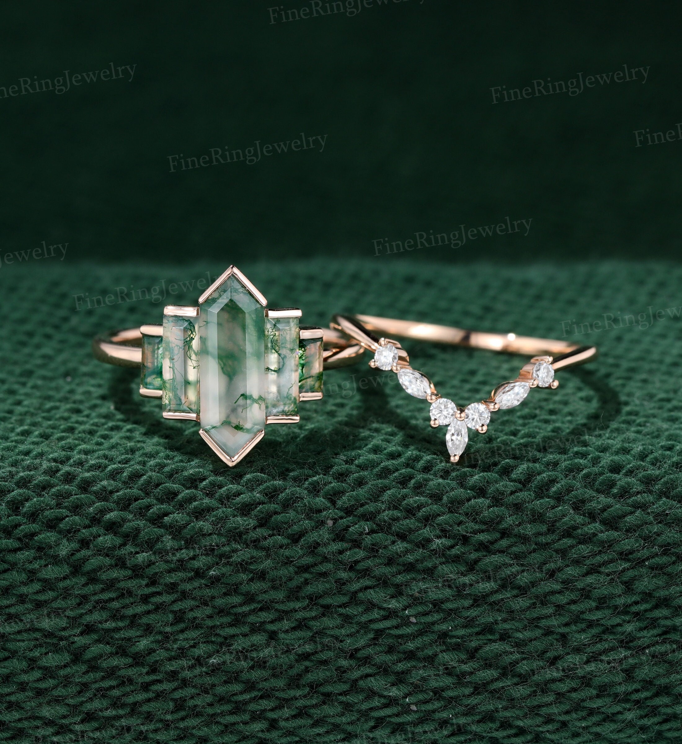 Vintage Hexagon Natural Moss Agate Engagement Ring Set Unique 14K Rose Gold Cluster Baguette Engagement Ring Bezel Set Art Deco Ring Bridal