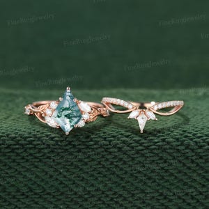 Vintage Kite Cut Moss agate Engagement Ring set 14K Solid Rose Gold Art Deco Cluster Leaf Nature Inspired Bridal Promise Wedding Ring