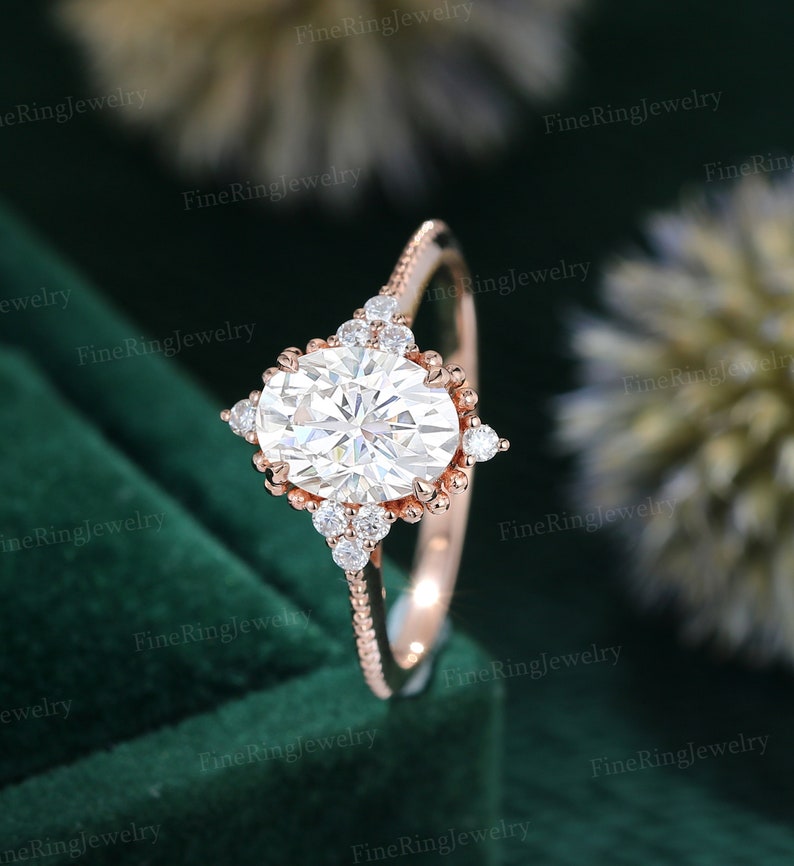 Oval Cut Moissanite Engagement Ring Vintage 14k Rose Gold Engagement ...