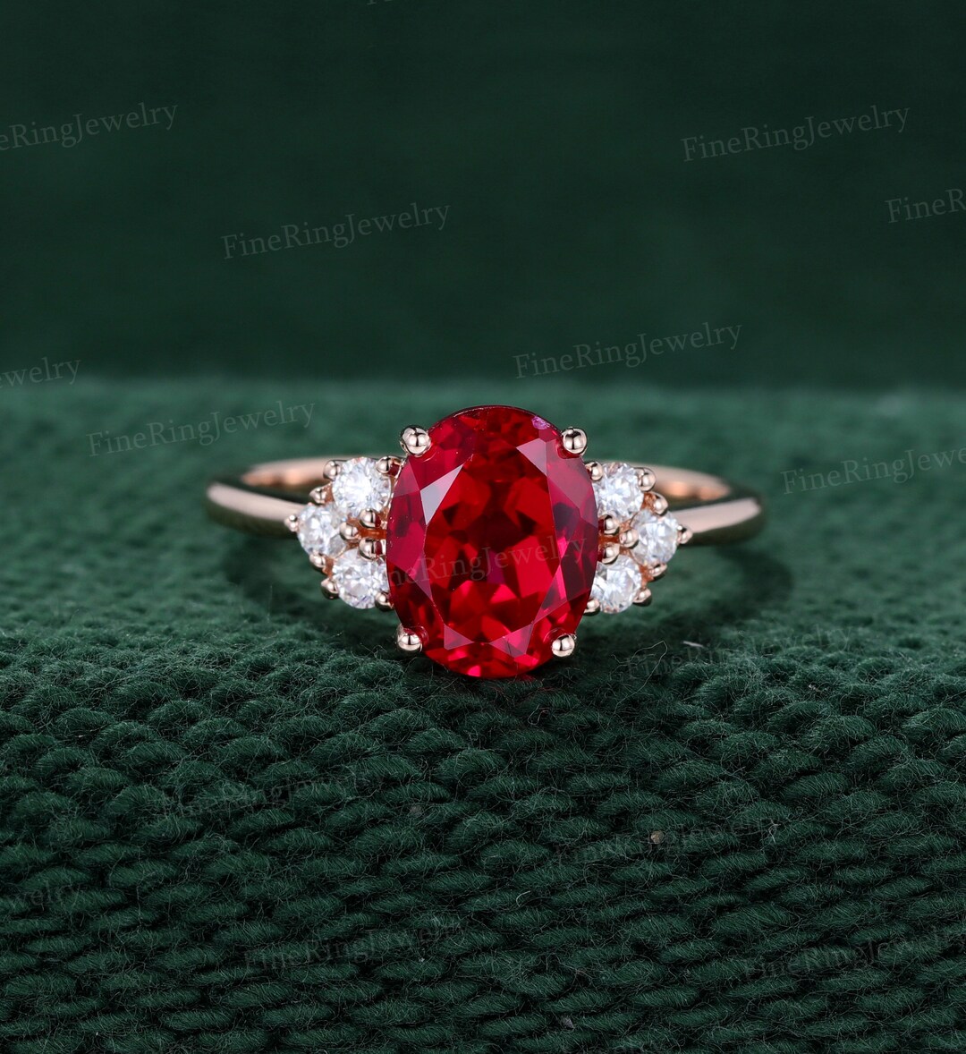 Oval Lab Ruby Vintage Oval Lab Ruby Engagement Ring Unique Rose Gold Diamond ...