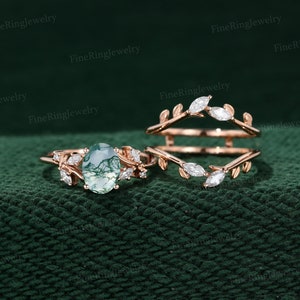 Vintage Solid Gold Moss Agate Engagement Ring Pear Moss Agate engagement ring set women  Diamond | Moissanite Stacking Matching wedding ring