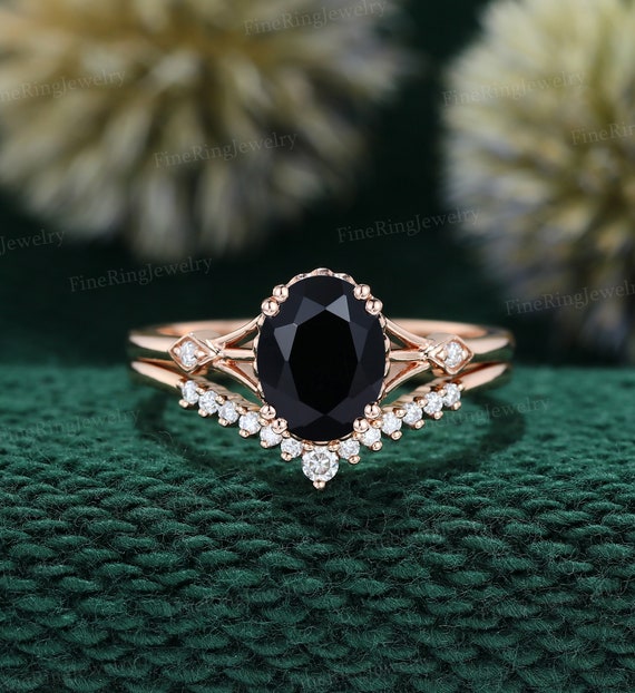 Oval cut Black Onyx engagement ring set Vintage Rose gold engagement ring diamond engagement ring art deco ring wedding Anniversary ring