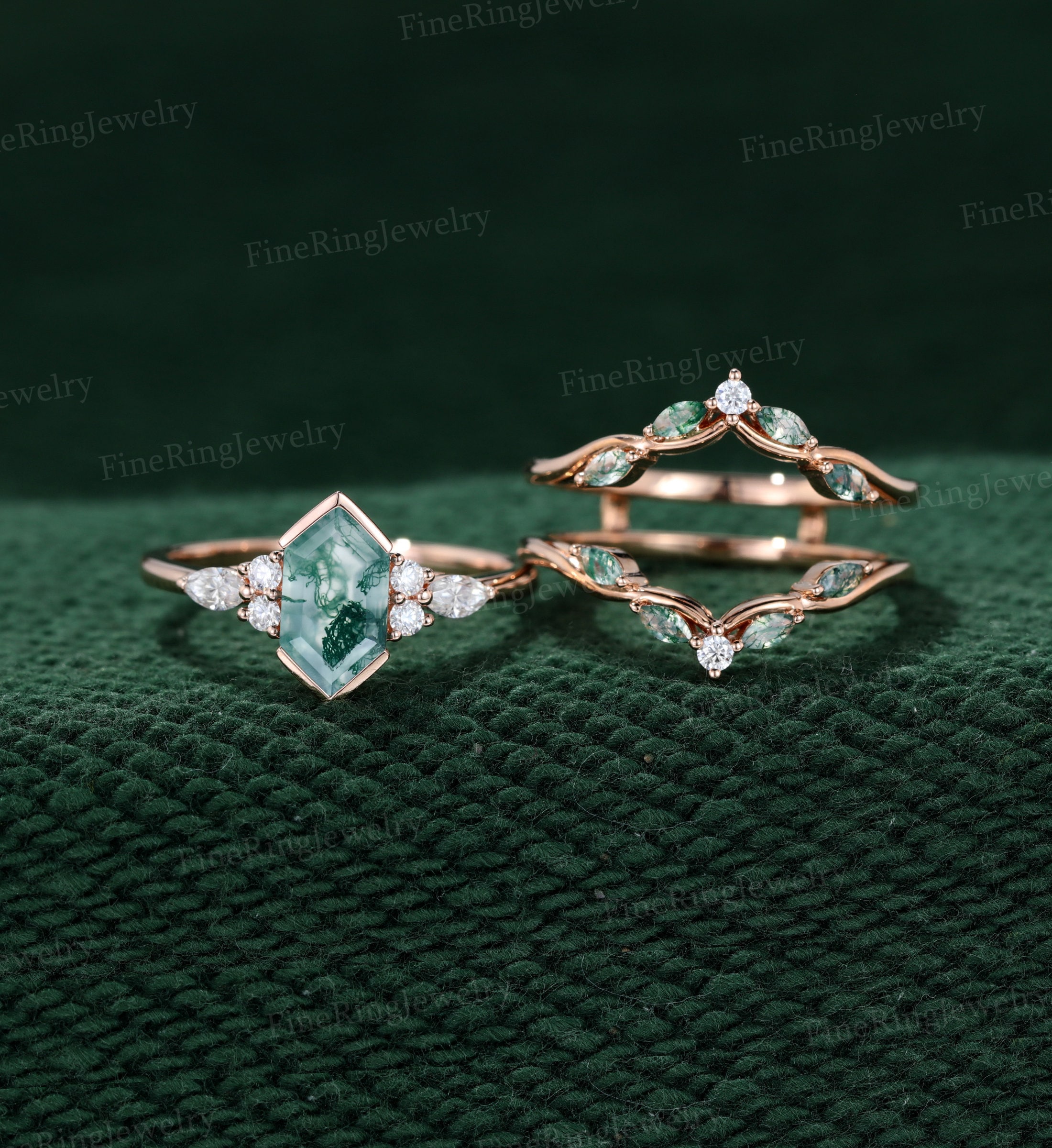 Vintage Hexagon cut Moss Agate engagement ring set Unique Rose gold Moissanite Diamond | Moss Agate Wedding Bridal set Promise Anniversary