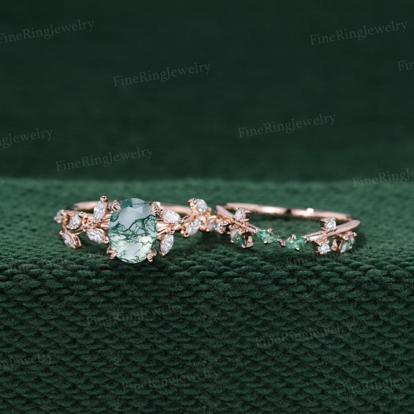 1.5ct Leaf Oval cut moss agate engagement ring set Nature inspired Rose gold Lab grown diamond wedding ring Vintage solid gold Bridal set