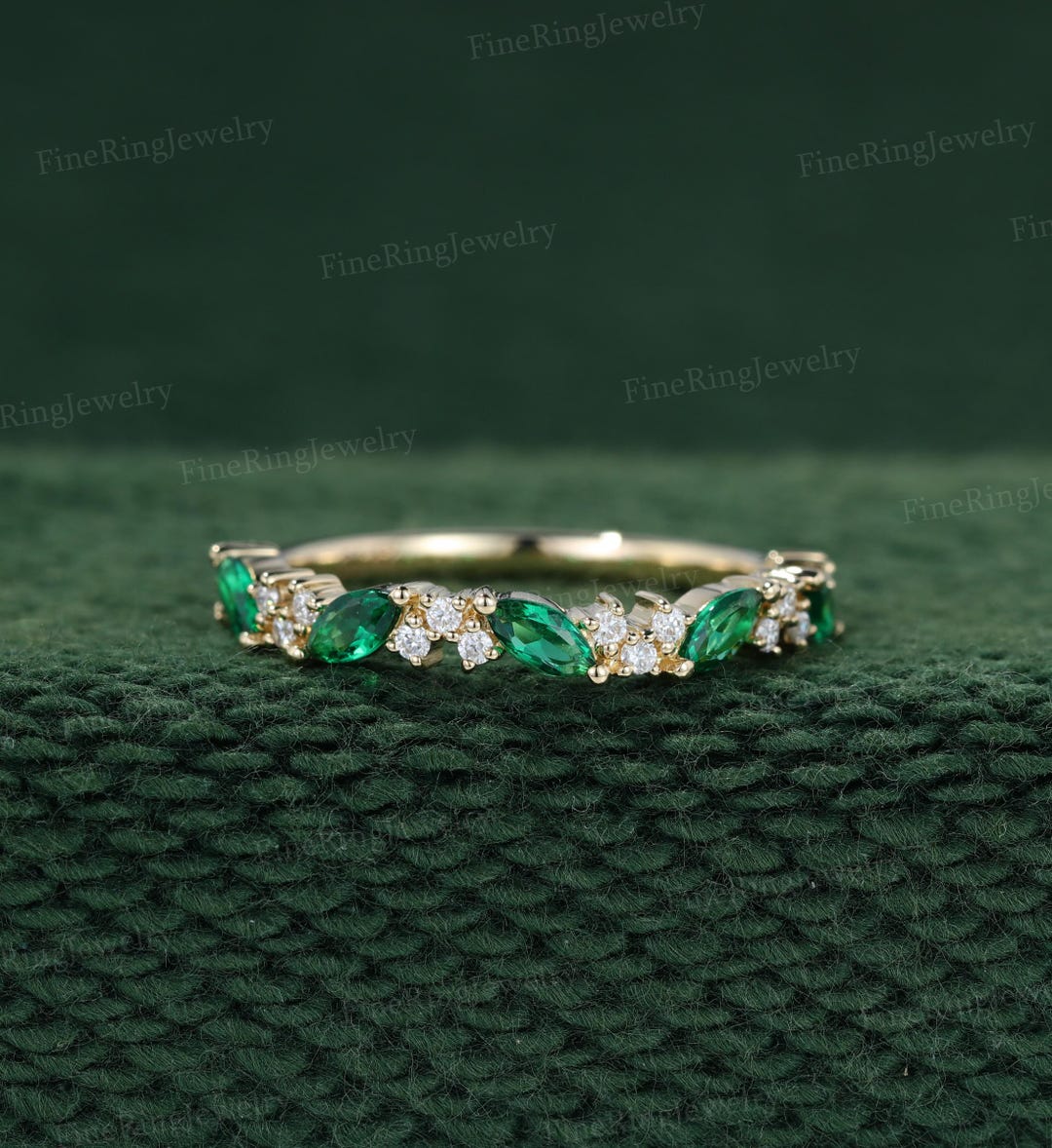 Marquise Lab Emerald Wedding Band Yellow Gold Wedding Band Women Half ...