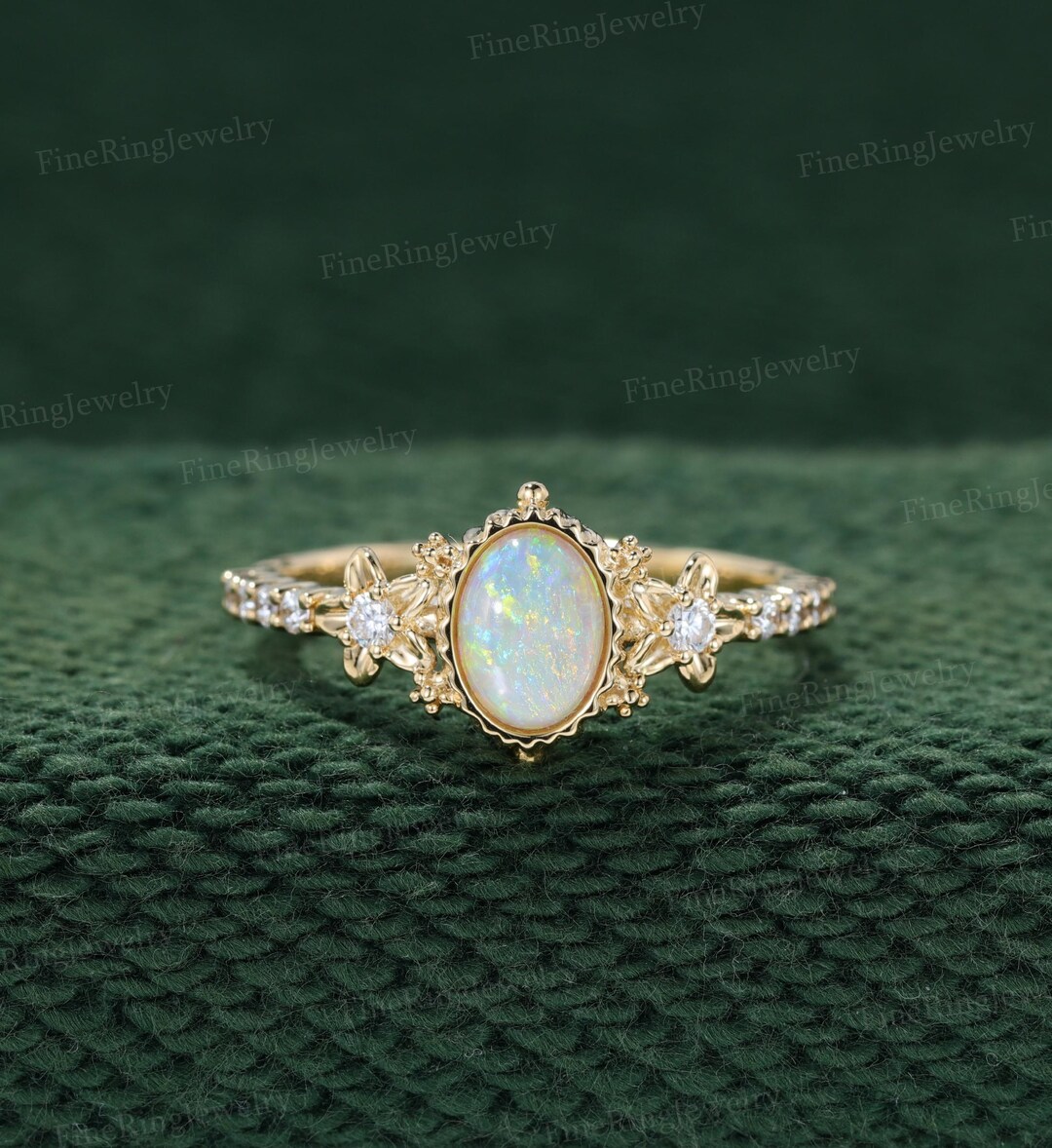 Unique Oval Natural Opal Engagement Ring Vintage 14K Yellow Gold ...