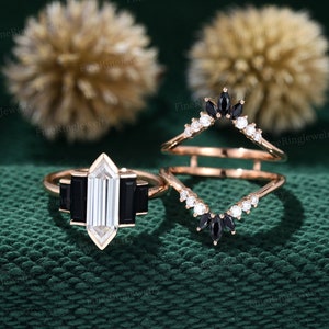 Hexagon Moissanite engagement ring set Vintage Rose gold Black Onyx enhancer ring Marquise Cluster ring double curved diamond promise gift