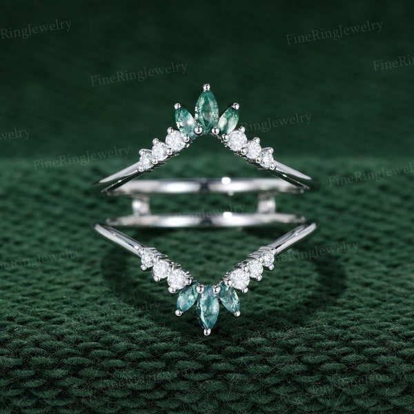 Double curved wedding Band Moss agate ring White gold Moss agate marquise stacking matching Bridal wedding Promise ring Anniversary gift