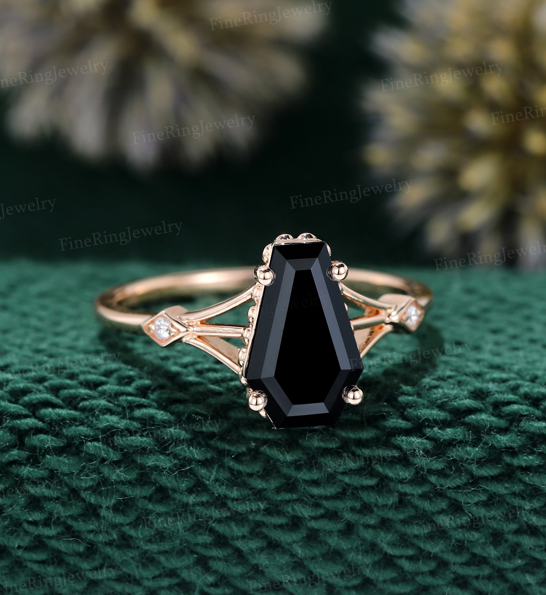 Antique CT Coffin Shaped Ring Set Coffin Cut Black Onyx