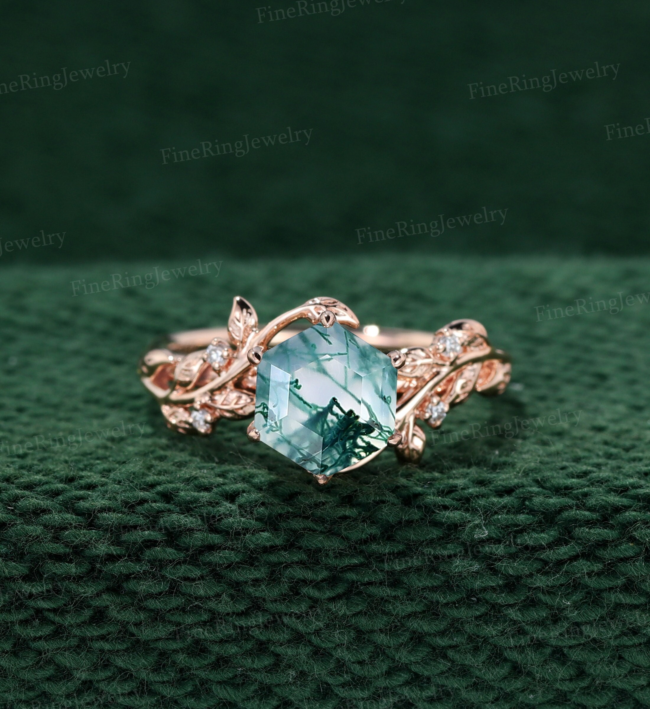 Hexagon Cut Natural Moss Agate Engagement Ring Vintage 14K Rose