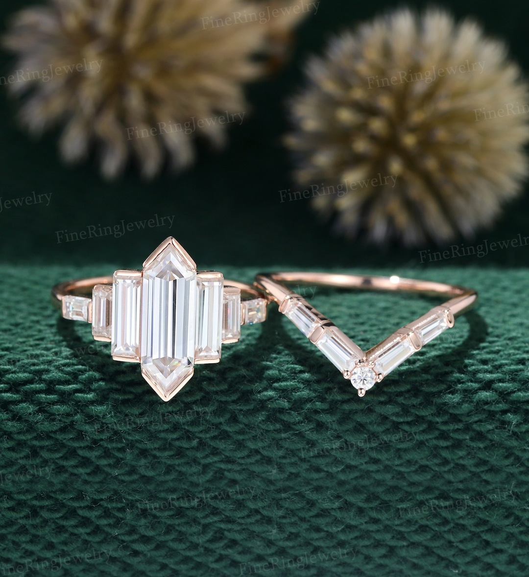Hexagon Moissanite Engagement Ring Set Cluster Baguette Ring Vintage