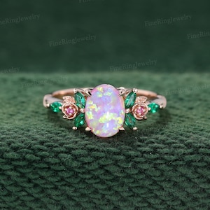 Oval cut Lab Opal engagement ring Nature inspired Rose gold wedding ring Vintage solid gold engagement ring Bridal Promise Anniversary gift