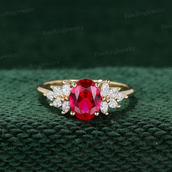 Oval cut Lab Ruby engagement ring Unique vintage 14K Yellow gold engagement ring for women marquise Diamond wedding Bridal Promise gift ring