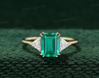 1.3ct Emerald engagement ring Rose gold engagement ring Vintage triangle moissanite ring simulate diamond ring Bridal promise Anniversary