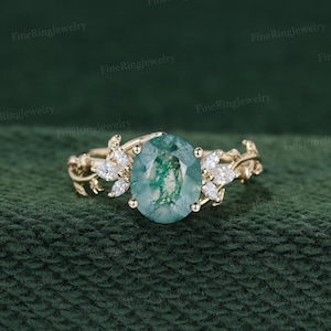 Oval cut Moss agate engagement ring Unique Yellow  gold engagement ring Vintage art deco diamond ring Bridal Promise ring Anniversary gift