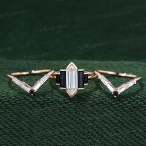 Rose gold ring Hexagon Moissanite engagement ring set Cluster baguette ring Onyx side stone engagement ring Bezel Set promise Anniversary