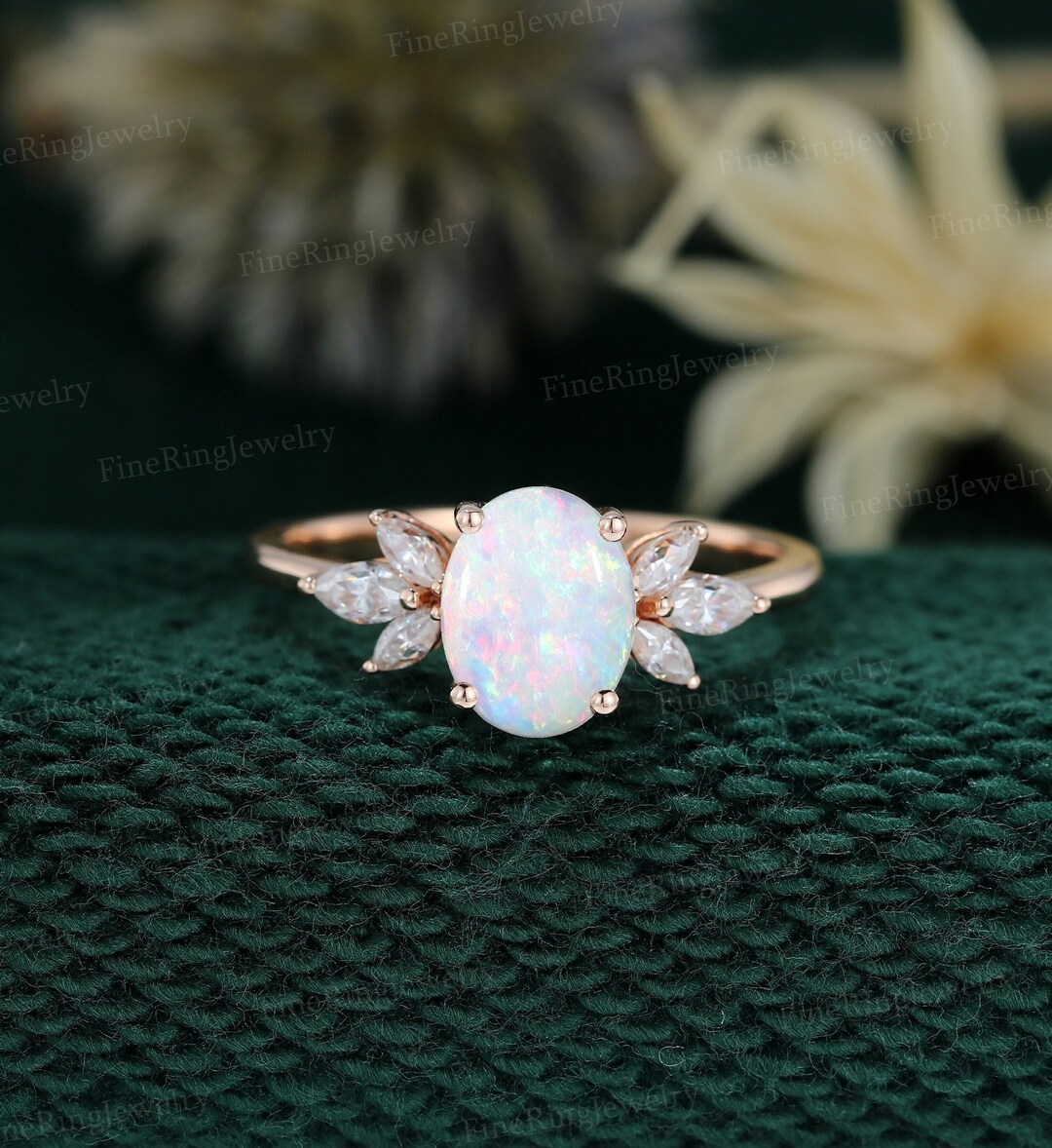 Oval Natural Opal Engagement Ring Vintage Rose Gold Wedding Ring