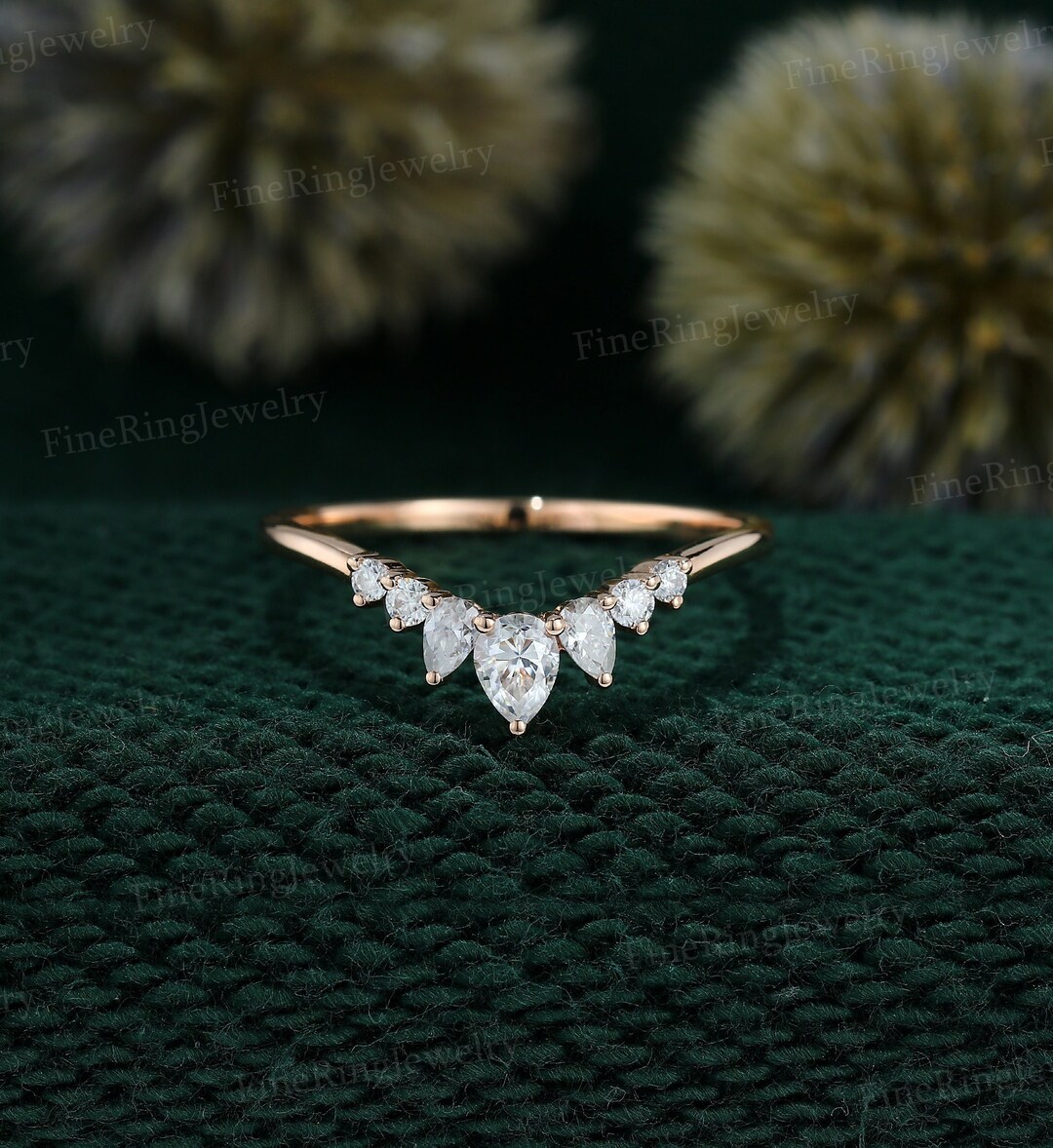 Pear Shaped Curved Wedding Ring Diamond Wedding Band Unique Rose Gold ...
