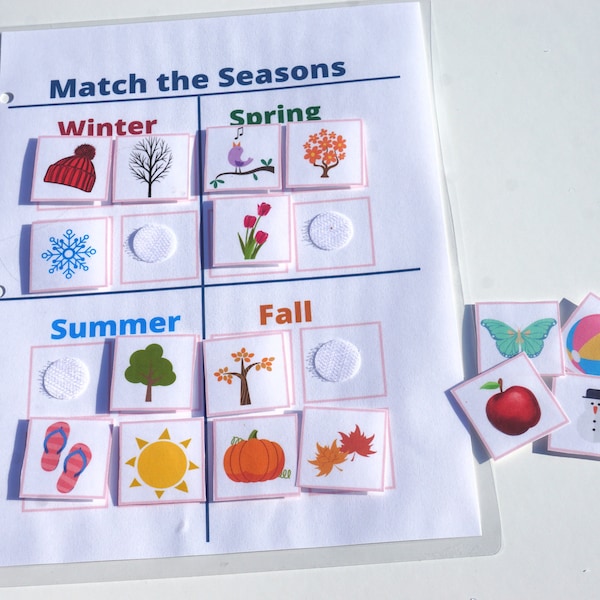 Seasons Matching Activity for Preschool at Home | Pre-K Busy Book for Early STEM and Science | Earth Science Quiet Book | Learn the Seasons