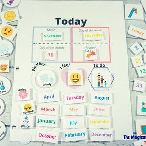 幼稚園の朝のサークルタイム用カレンダーを印刷可能。幼稚園学習バインダー、忙しい本、アクティビティ、毎日のカレンダー、感情、天気