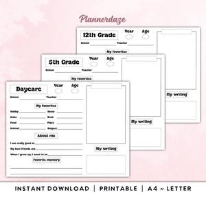 May include: Printable black and white daycare, 5th grade, and 12th grade school year memory pages. Each page includes sections for school, teacher, year, age, my favorites, and my writing.