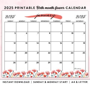 2025 Printable Calendar, Birth Month Flower Calendar, Floral Calendar