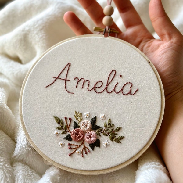 Floral Baby Name Embroidery Hoop, Hand Embroidered Name Sign, Nursery Embroidery, Birth Announcement Sign, Custom Baby Shower Gift