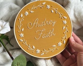 Custom Floral Embroidery Hoop, Baby Name Sign, Nursery Decor