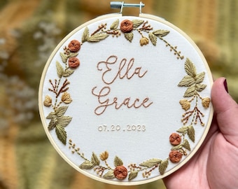Hand Embroidered Floral Baby Name Hoop, Nursery Decor, Birth Announcement Sign
