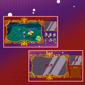 K&ouml;nnte beinhalten: Eine violette und goldene Videospieloberfl&auml;che mit einem Seitenverh&auml;ltnis von 16:9 und einem Chatfenster mit der Bezeichnung "4:3". Die Oberfl&auml;che hat einen goldenen Rahmen mit einem dekorativen Design. Das Hauptfenster zeigt eine Videospielszene mit mehreren Charakteren auf einem gr&uuml;nen Feld.