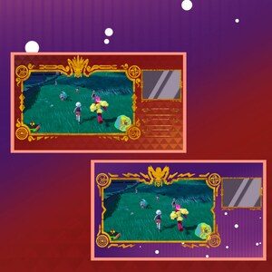 K&ouml;nnte beinhalten: Zwei farbenfrohe Spielbildschirme mit goldenen Rahmen. Die Bildschirme zeigen ein gr&uuml;nes Feld mit laufenden Comicfiguren. Der obere Bildschirm hat einen roten Rahmen und der untere Bildschirm einen violetten Rahmen.