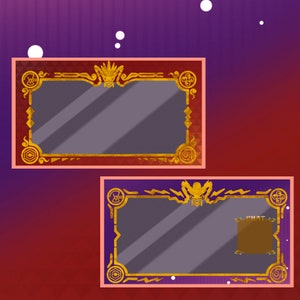 K&ouml;nnte beinhalten: Zwei digitale Overlay-Rahmen mit goldenen Verzierungen und einem lila und roten Hintergrund. Der obere Rahmen hat ein goldenes Drachen-Design und der untere Rahmen hat ein goldenes Blitz-Design. Der untere Rahmen hat eine braune Chat-Box mit dem Wort "CHAT" in goldenen Buchstaben.