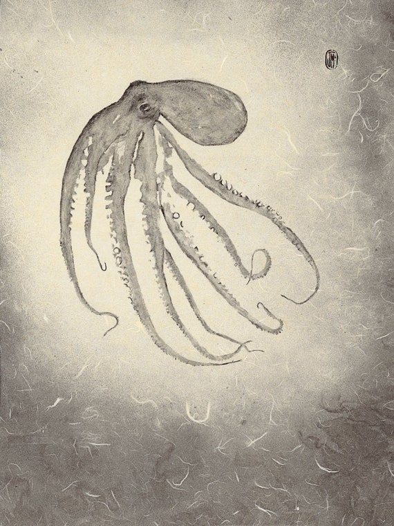 Gyotaku Fish Print of California Two-spot Octopus in Black Sumi
