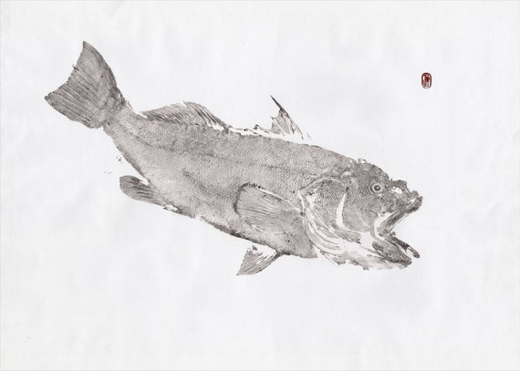 Gyotaku Fish Print of Sand Bass in Black Sumi Ink on White