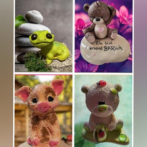 Op de afbeelding: Een collage van vier decoratieve beeldjes: een felgroene hagedis, een bruine teddybeer met een roze hart en de tekst 'Du bist unent BÄRLich', een roze en bruin biggetje, en een bruine teddybeer met lieveheersbeestjes en groene accenten.