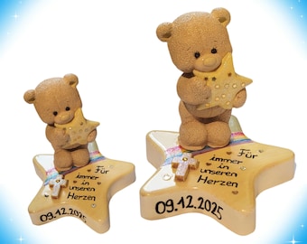 Sternenteddy/Erinnerungsstein Sternenkind – personalisierter Grabstein mit Teddy, Trauerdeko für Friedhof