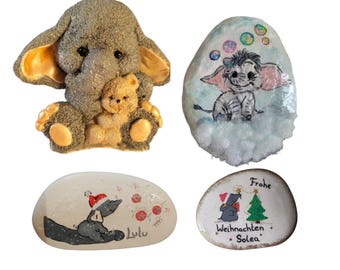 Kleiner Beschützer Elefant mit Bär/Elefantenalarm – handbemalte Figuren & Steine für Elefantenfans/Geschenk/Glücksbringer
