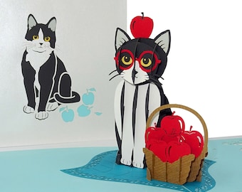 Tarjeta desplegable tridimensional con diseño de gato esmoquin