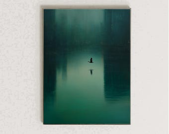 Solitary Bird Wall Art Print Moody Nature Minimalist Lake Artwork Emerald Green Wall Decor Calm Landscape Art