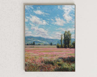 Pink Wildflower Field Wall Art Print Impressionist Landscape Painting Romantic Cottagecore Decor Monet Style Printable Wall Art