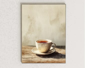 Watercolor Tea Cup Wall Art Print Cozy Vintage Kitchen Decor Minimalist Neutral Art Cottagecore Printable Illustration