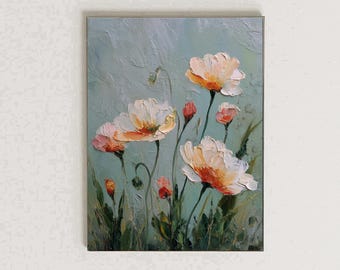 Impressionist Poppy Wall Art Printable Textured Floral Oil Painting Sage Green Vintage Flower Decor Romantic Cottagecore Art Print