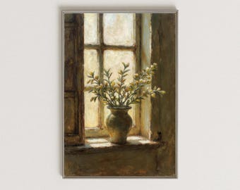 Rustic Floral Still Life Painting: Vase by Window (Digital Download)